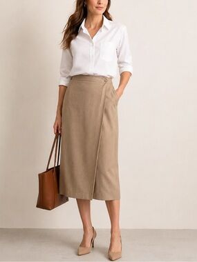 VTG Graver Studio by Susan Graver Tan Faux Wrap Skirt Size Large Quiet Luxury